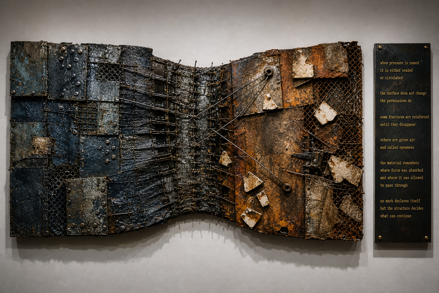 A wall-mounted mixed-media artwork with a gold-lettered text plaque in a gallery.