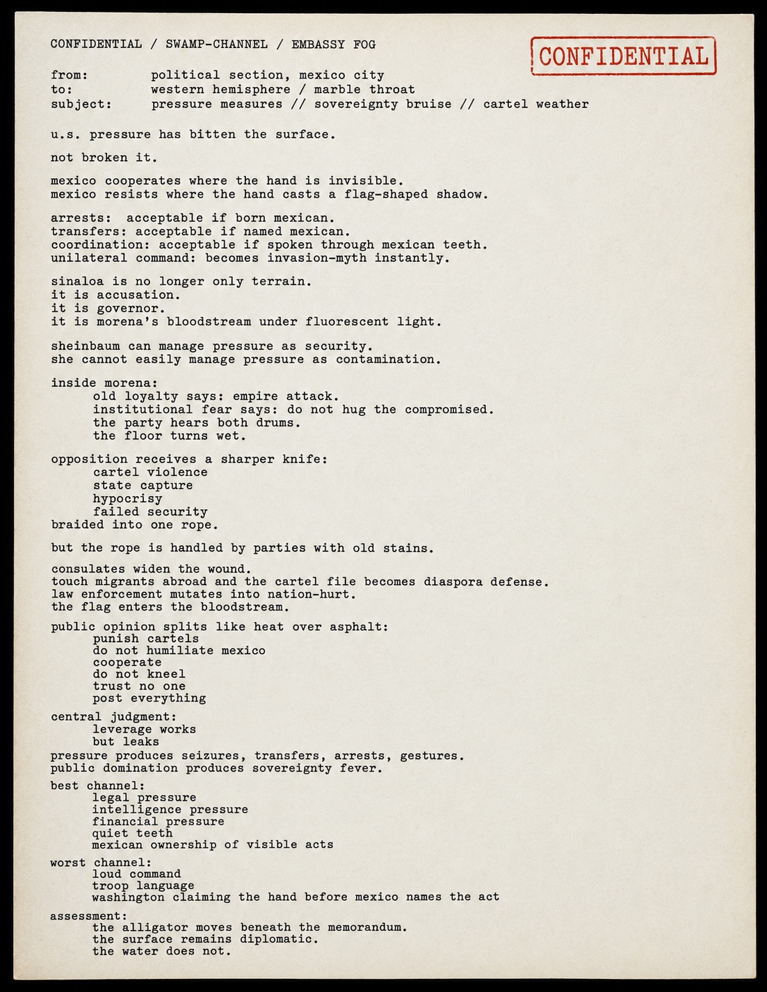 Confidential-style typewritten memo titled Embassy Fog